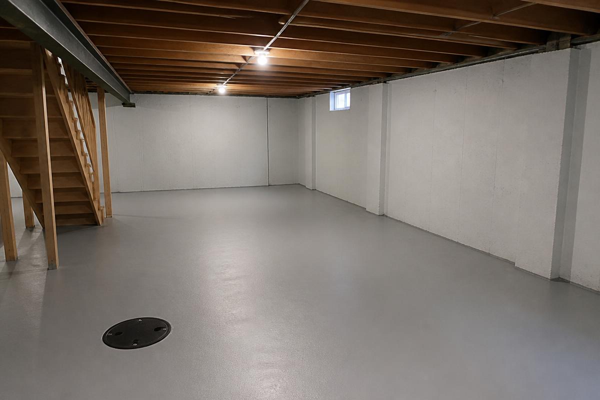 The same basement dry and clean with a sealed floor and sump lid after waterproofing
