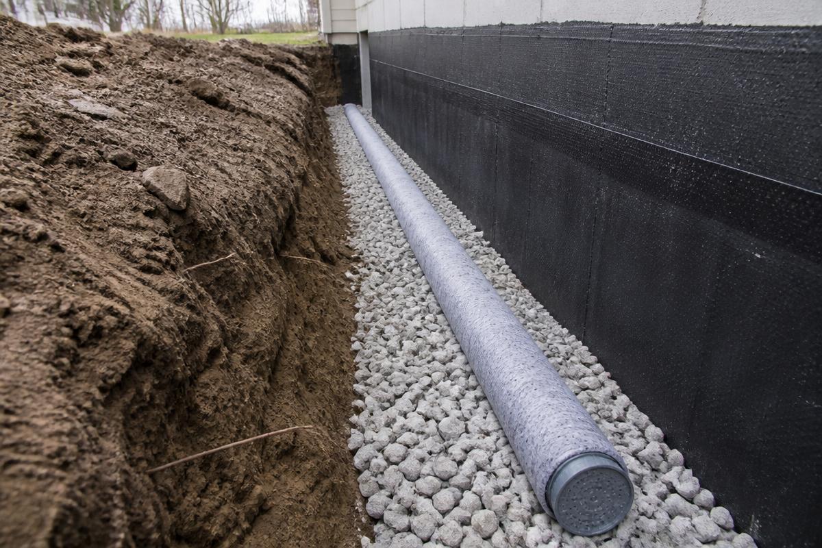 New perforated perimeter drain pipe in clean drain rock beside a waterproofed foundation wall