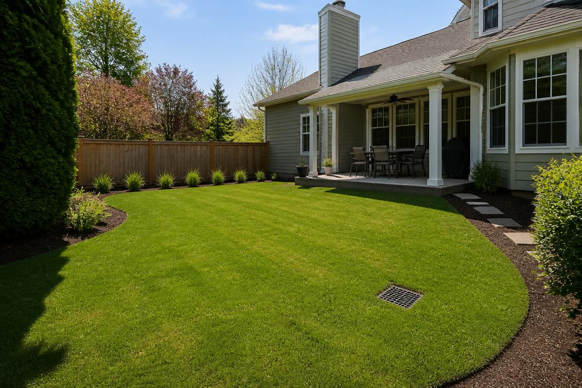 The same backyard with a dry green lawn and a catch basin grate after drainage work