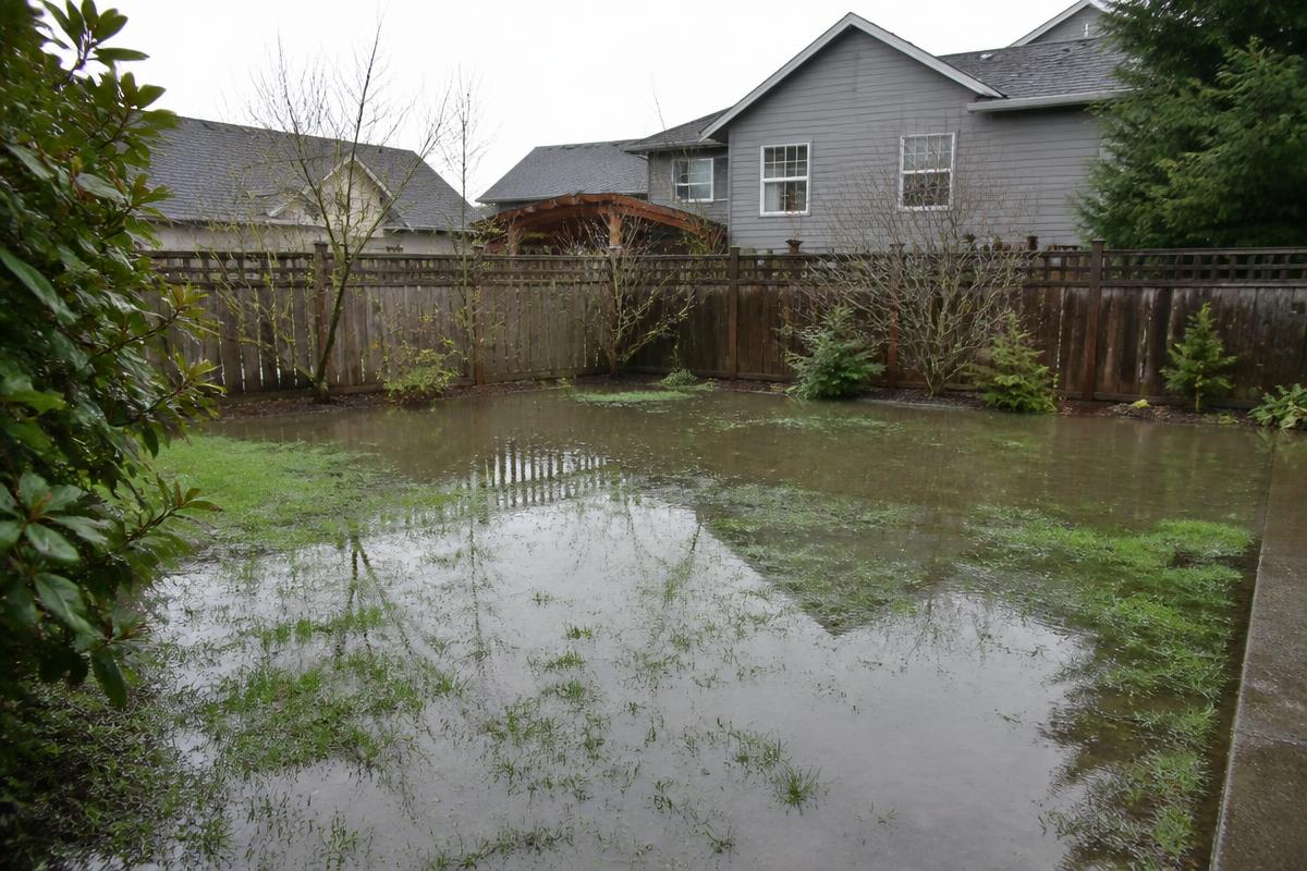 Backyard lawn flooded with standing water after heavy rain