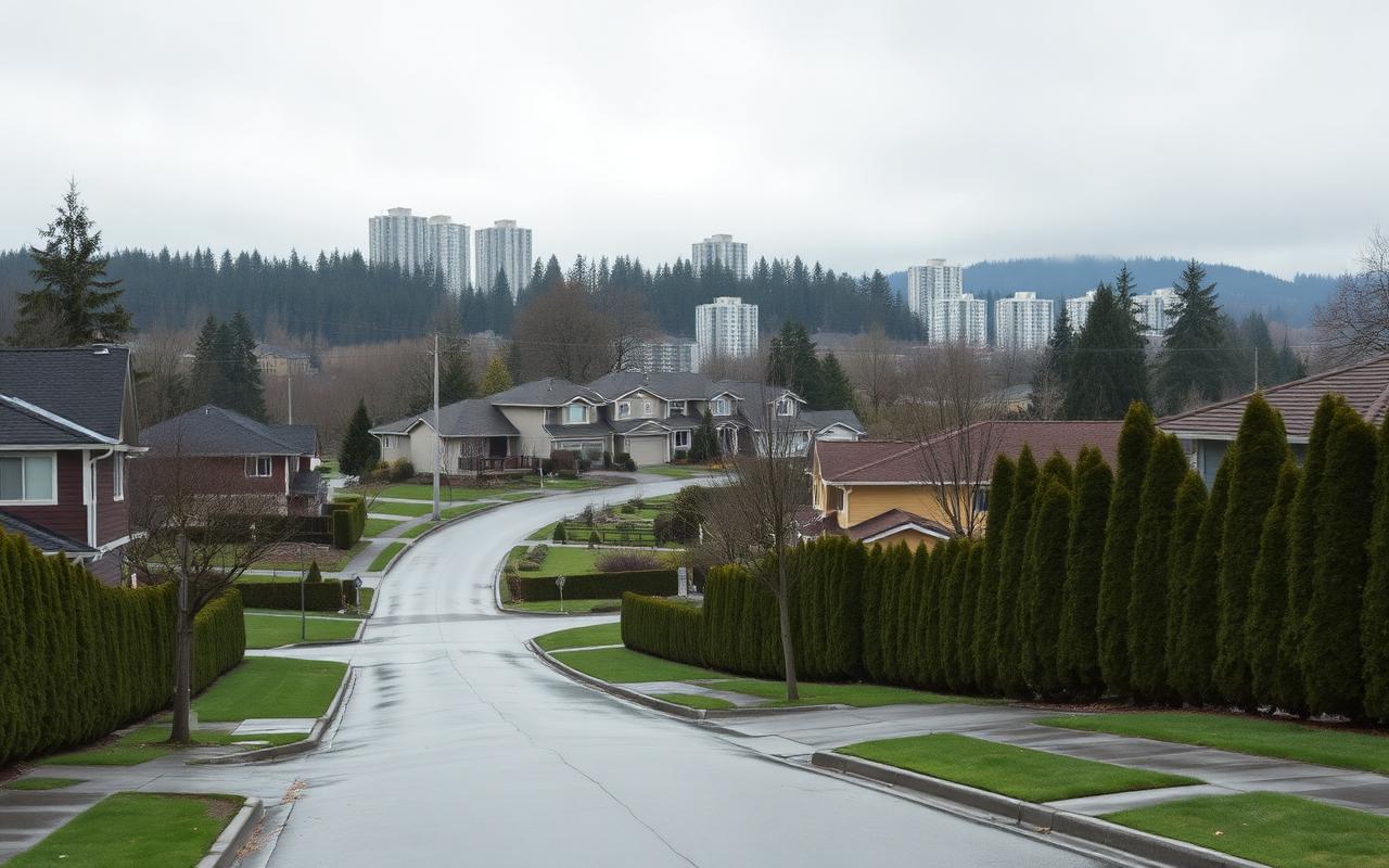 Burnaby hillside neighbourhood with towers on the ridge behind