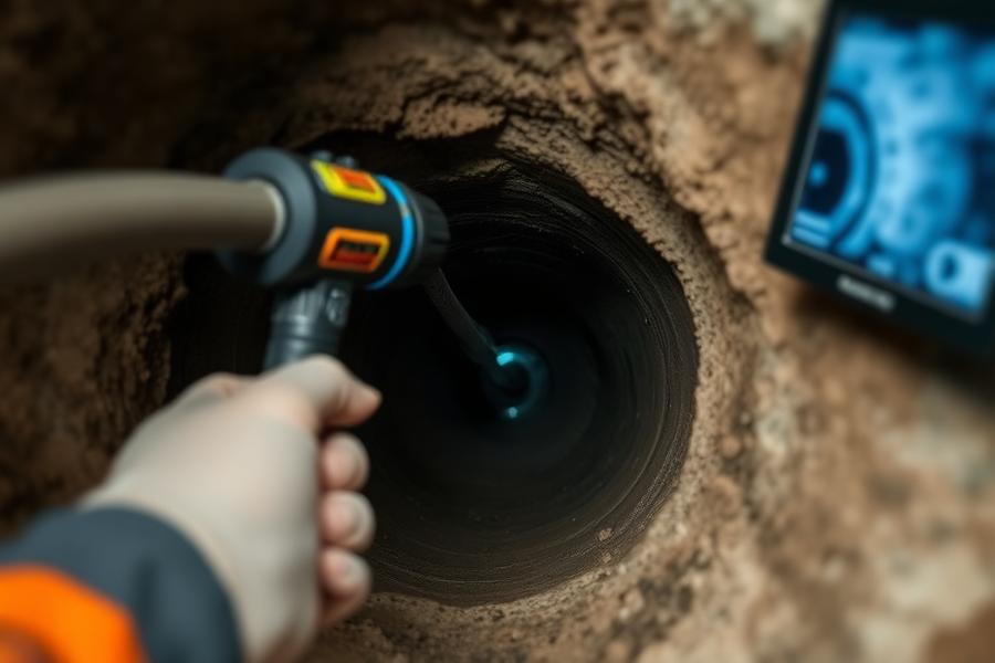 Technician feeding a drain camera into a cleanout with an inspection monitor