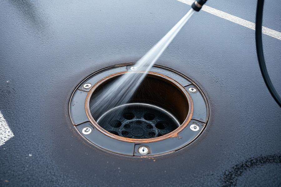 High-pressure jetting of a catch basin and storm line