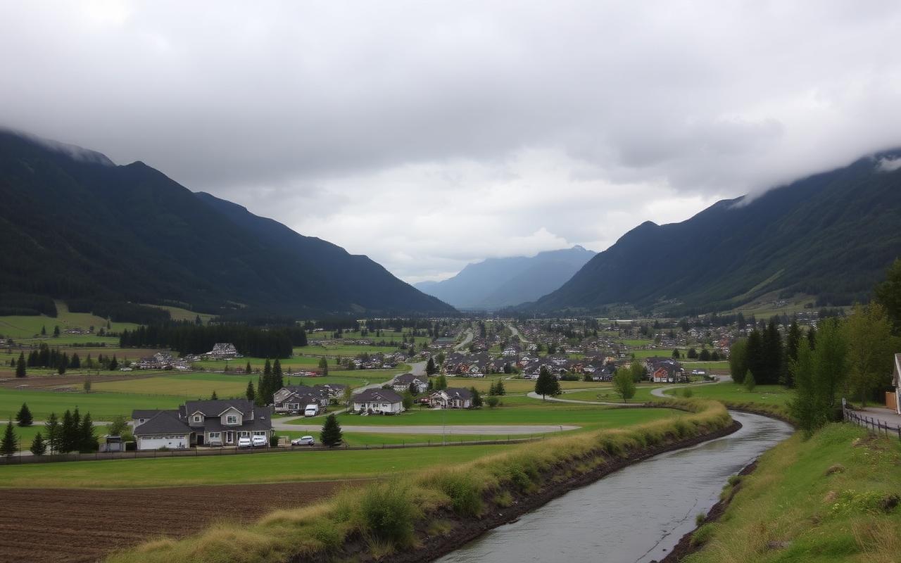 Chilliwack valley homes between farm fields and mountains