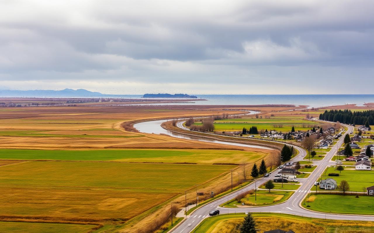 Delta farmland, drainage canals and dykes near the ocean