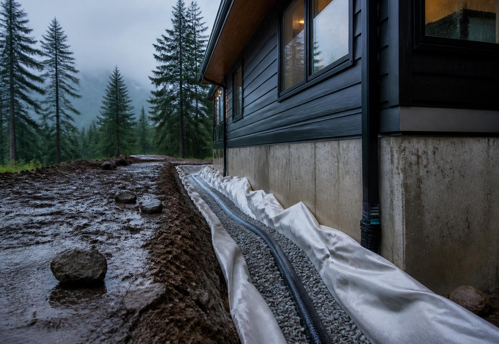 New perforated drain tile and gravel installed along a home foundation in the rain