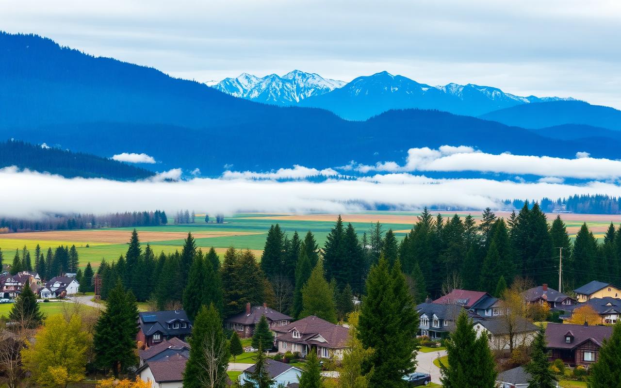 Maple Ridge homes with the Golden Ears peaks behind