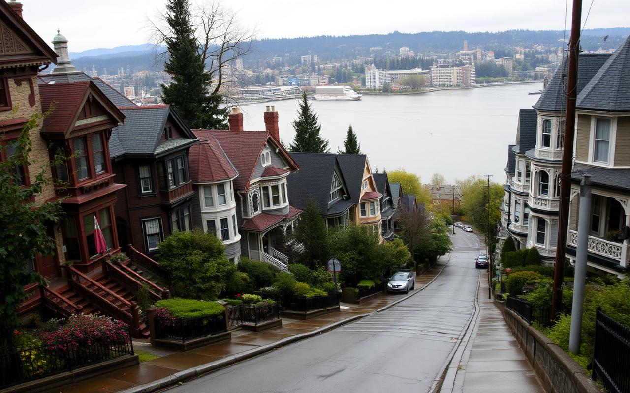 Heritage homes on a steep New Westminster hill above the Fraser River