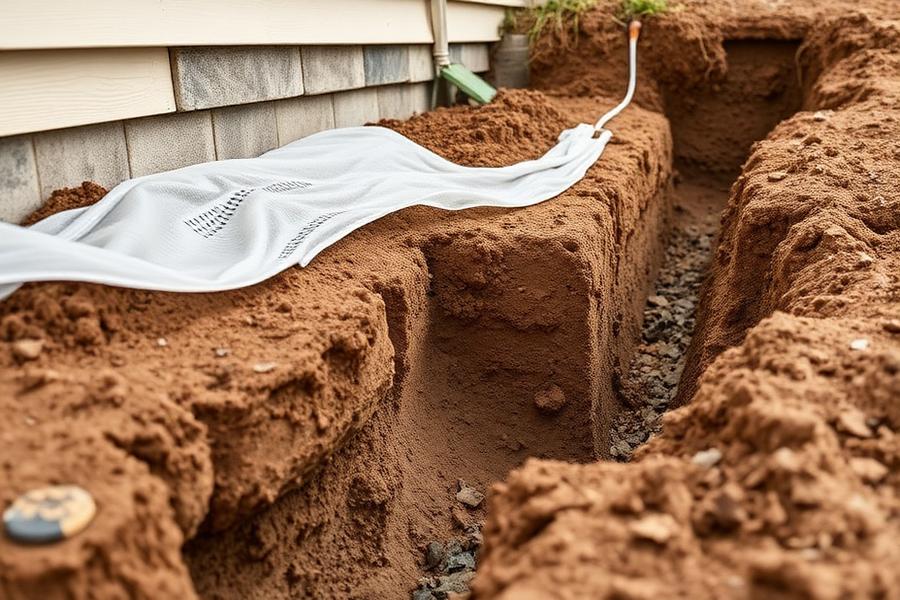 Excavated foundation trench with new perforated perimeter drain pipe and drain rock