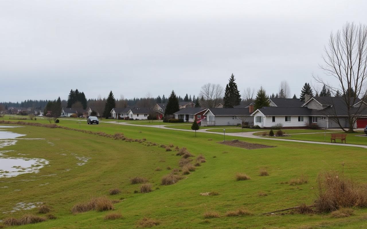 Port Coquitlam homes beside the river dyke and wet grass