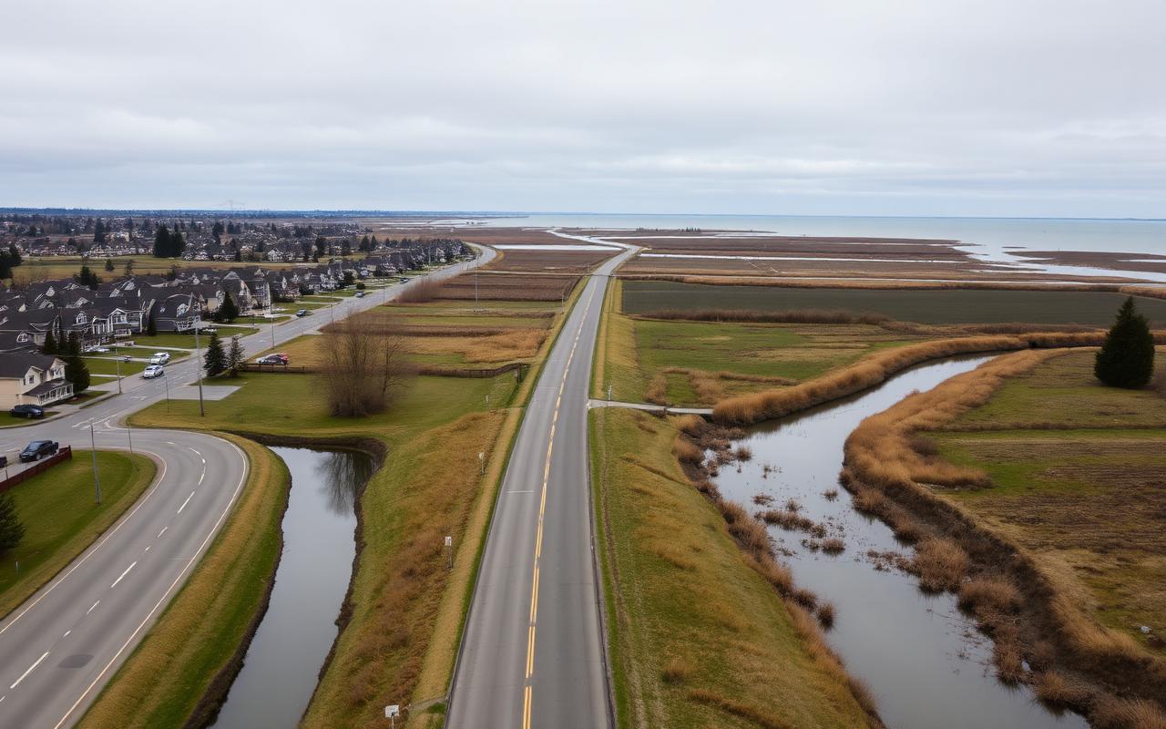 Flat Richmond streets and drainage canals beside farmland