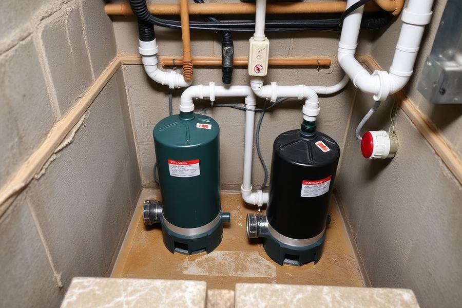 Sump pump basin with discharge piping and a high-water alarm