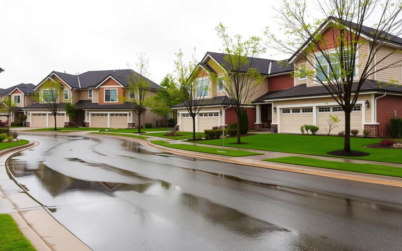 Newer Surrey subdivision homes on a rain-soaked street