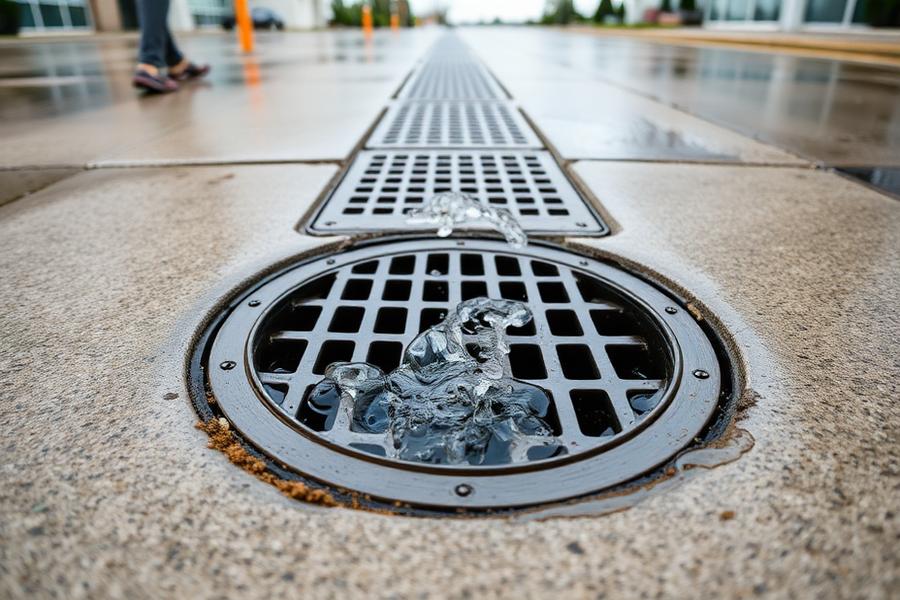 Steel trench drain grate carrying rainwater off a concrete driveway