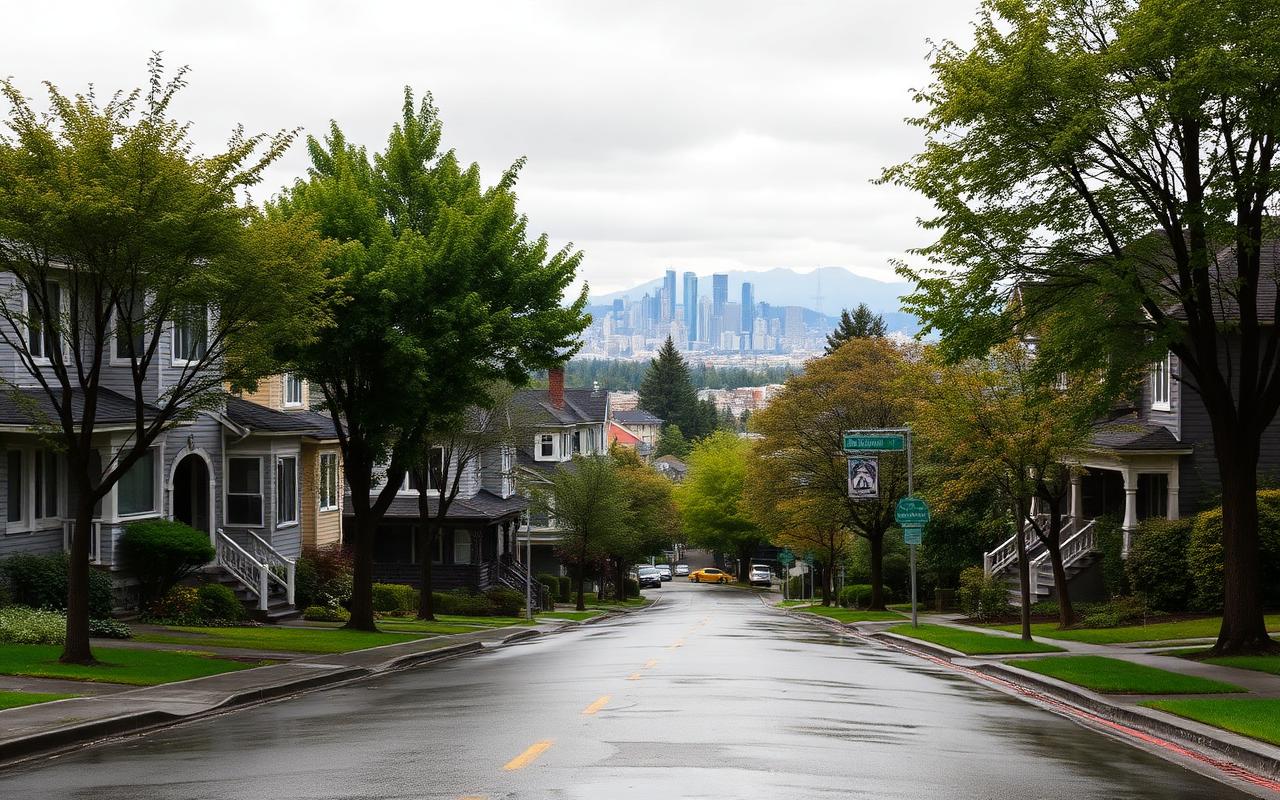 Tree-lined Vancouver street of character homes after rain