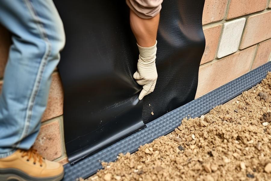 Worker applying exterior waterproofing membrane and dimple board to a foundation wall
